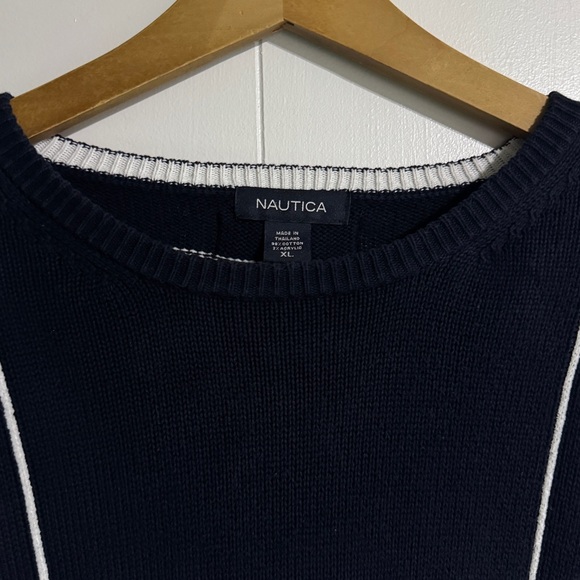 Vintage Nautica Knit Sweater Simple Style Navy Blue Big Checkered Window Pane - Picture 3 of 12